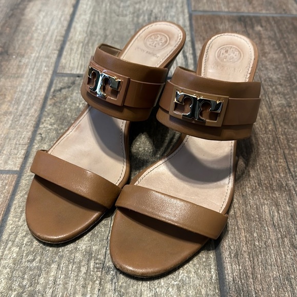 Tory‎ Burch Women’s Tan Leather Slide Wedges SZ 9